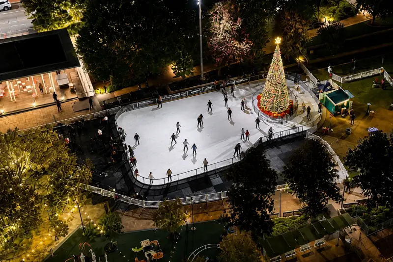 Aerial nighttime view of City Rink at Main Street Garden